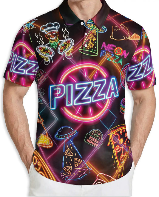 Neon Pizza Party 3D Polo Shirt for Men, Funny Retro Food Lover Style | Azhawaiian