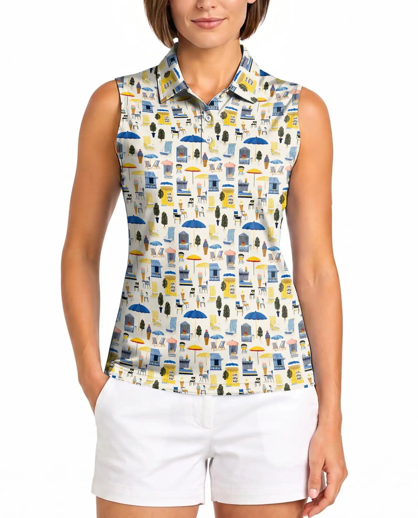 Coastal Beach Scene Pattern Sleeveless Polo Shirt for Women  | Azhawaiian