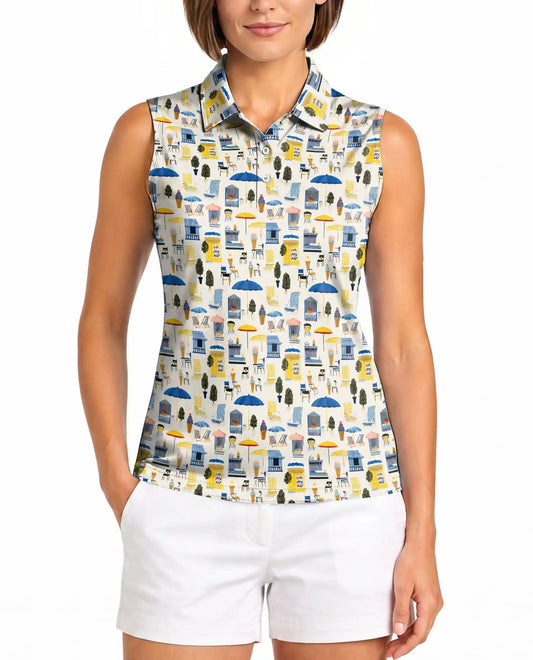 Coastal Beach Scene Pattern Sleeveless Polo Shirt for Women  | Azhawaiian