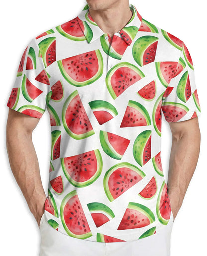 Watermelon Print Polo Shirt, Fresh Summer Style | Azhawaiian