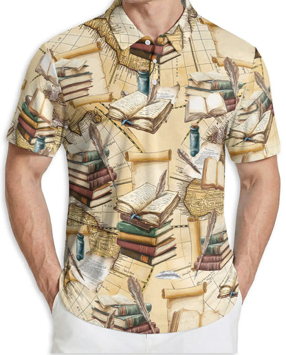 Vintage Book Polo Shirt, Antique Library Print | Azhawaiian