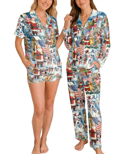 Patriotic Santa Snowman Pajama Set for Women – American Flag Christmas Print