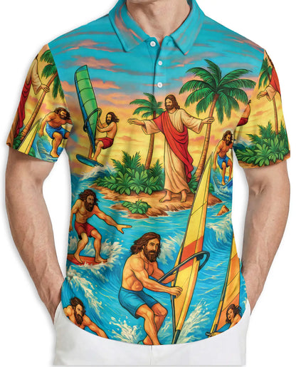 Jesus Surfing Tropical Beach 3D Polo Shirt for Men, Christian Summer Island Style | Azhawaiian