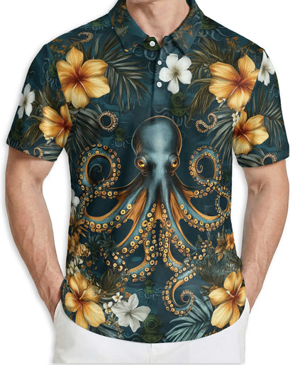 Octopus Polo Shirt for Men-Tropical Ocean Sea Creature Nautical Beach Shirt | Azhawaiian