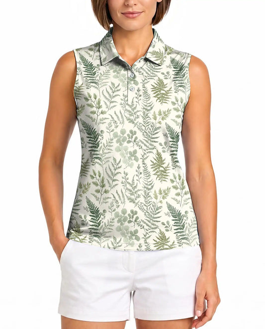Fern Leaf Pattern Sleeveless Polo Shirt for Women, Botanical Nature Style | Azhawaiian