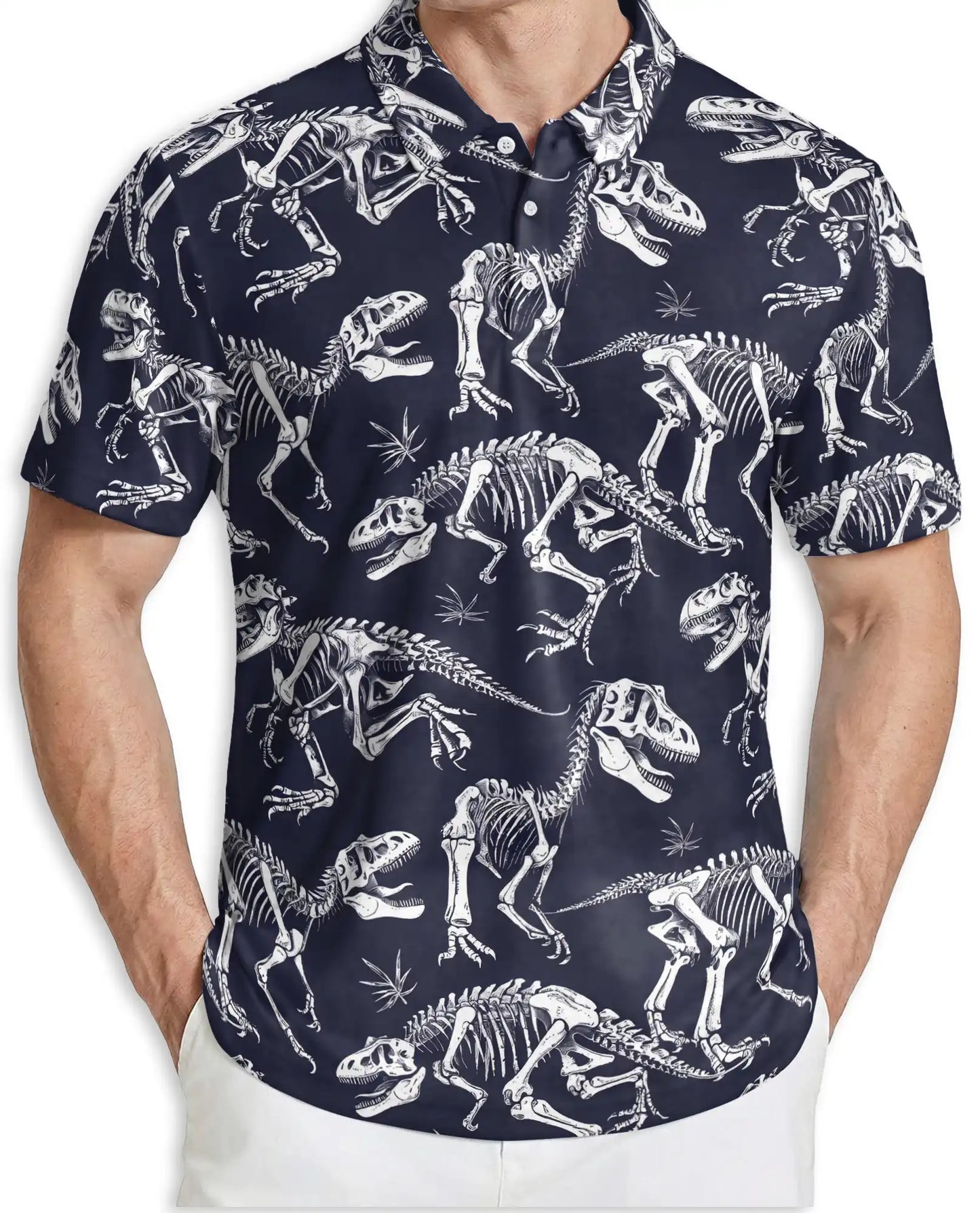 Dinosaur Skeleton 3D Polo Shirt for Men, Fossil Bones Jurassic Style | Azhawaiian