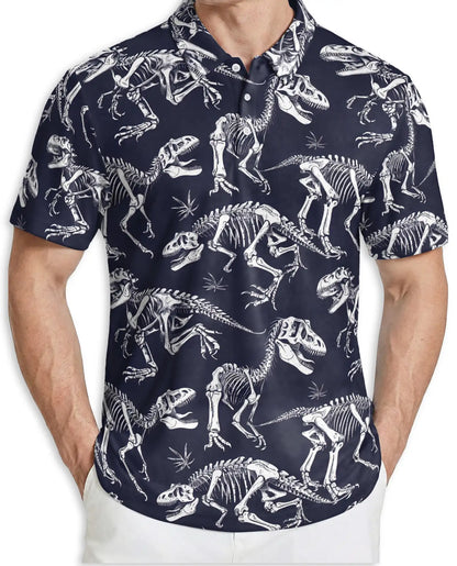 Dinosaur Skeleton 3D Polo Shirt for Men, Fossil Bones Jurassic Style | Azhawaiian