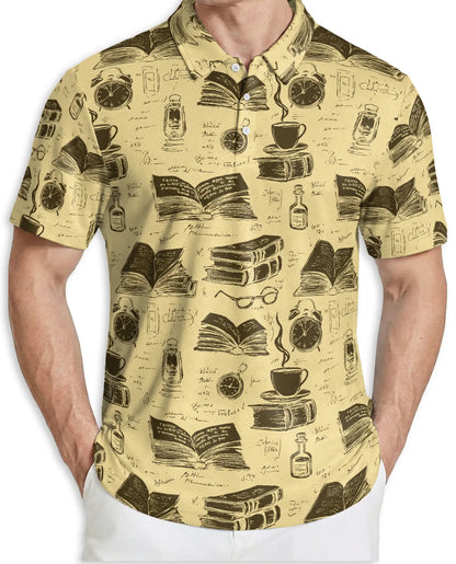 Vintage Library 3D Polo Shirt for Men, Retro Book Lover Academic Style | Azhawaiian