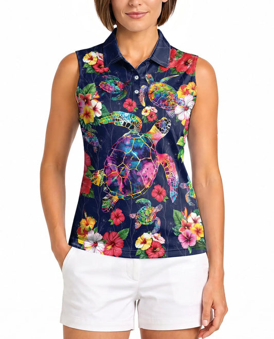 Turtle In Tropical Sleeveless Polo Shirt for Women, Ocean Island Style | Azhawaiian