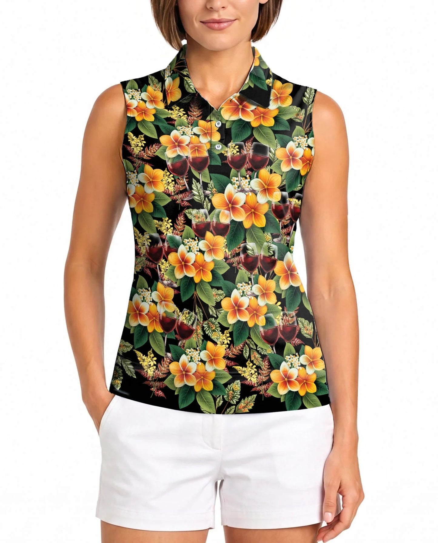 Wine Plumeria Floral Sleeveless Polo Shirt for Women, Tropical Elegant Style | Azhawaiian