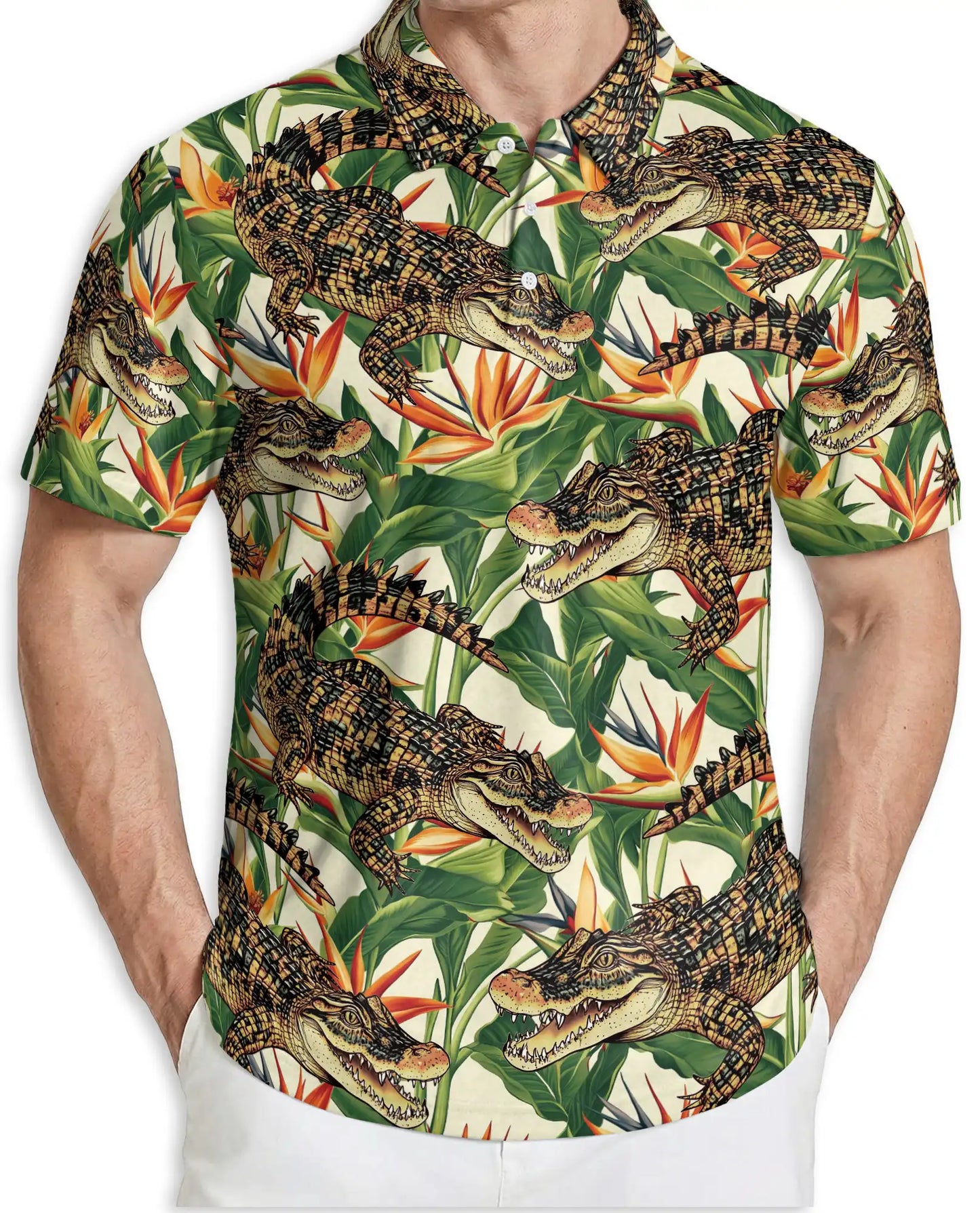 Alligator Hawaiian 3D Polo Shirt for Men, Tropical Crocodile Jungle Style | Azhawaiian