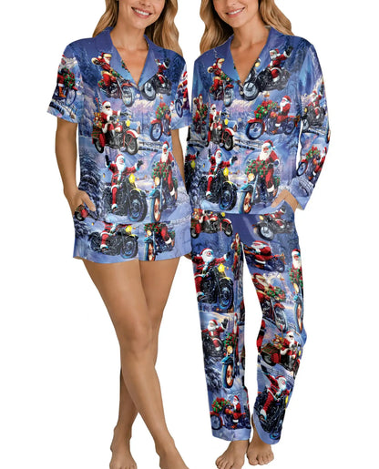 Santa Motorcycle Christmas Pajama Set for Women – Snowy Biker Print