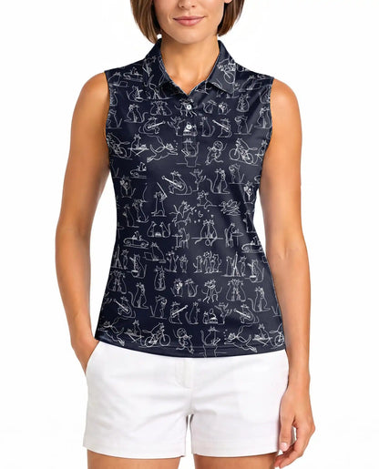 Navy Cat Doodle Sleeveless Polo Shirt for Women, Cute Feline Style