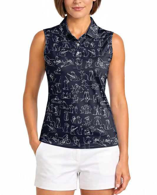 Navy Cat Doodle Sleeveless Polo Shirt for Women, Cute Feline Style | Azhawaiian