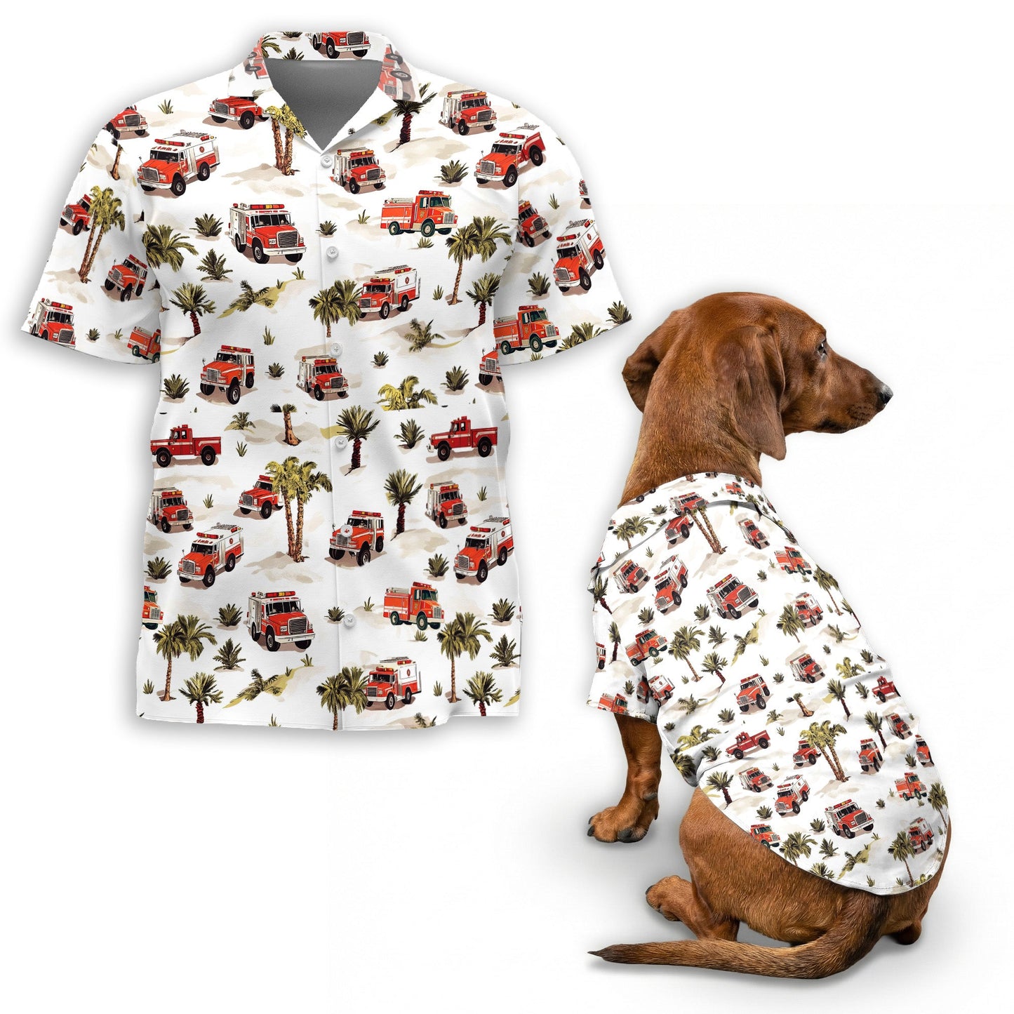 Fire Truck Matching Dog Owner Hawaiian Shirts, Funny Pet Aloha Shirt for Beach Vacation - Azhawaiian