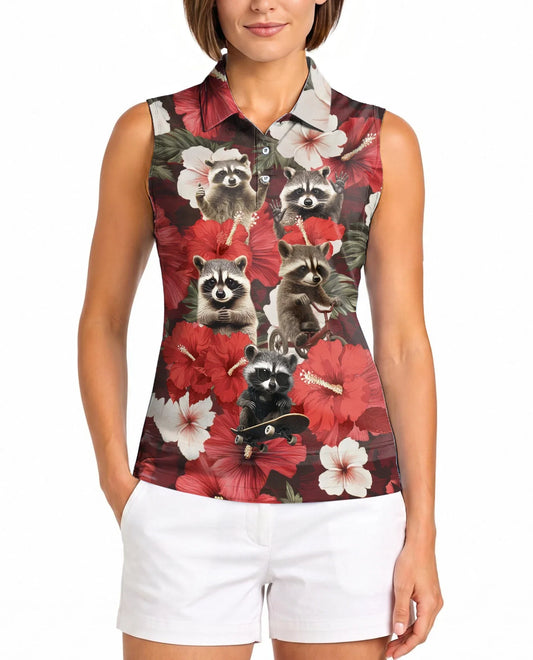 Tropical Hibiscus Raccoon Sleeveless Polo Shirt for Women | Azhawaiian