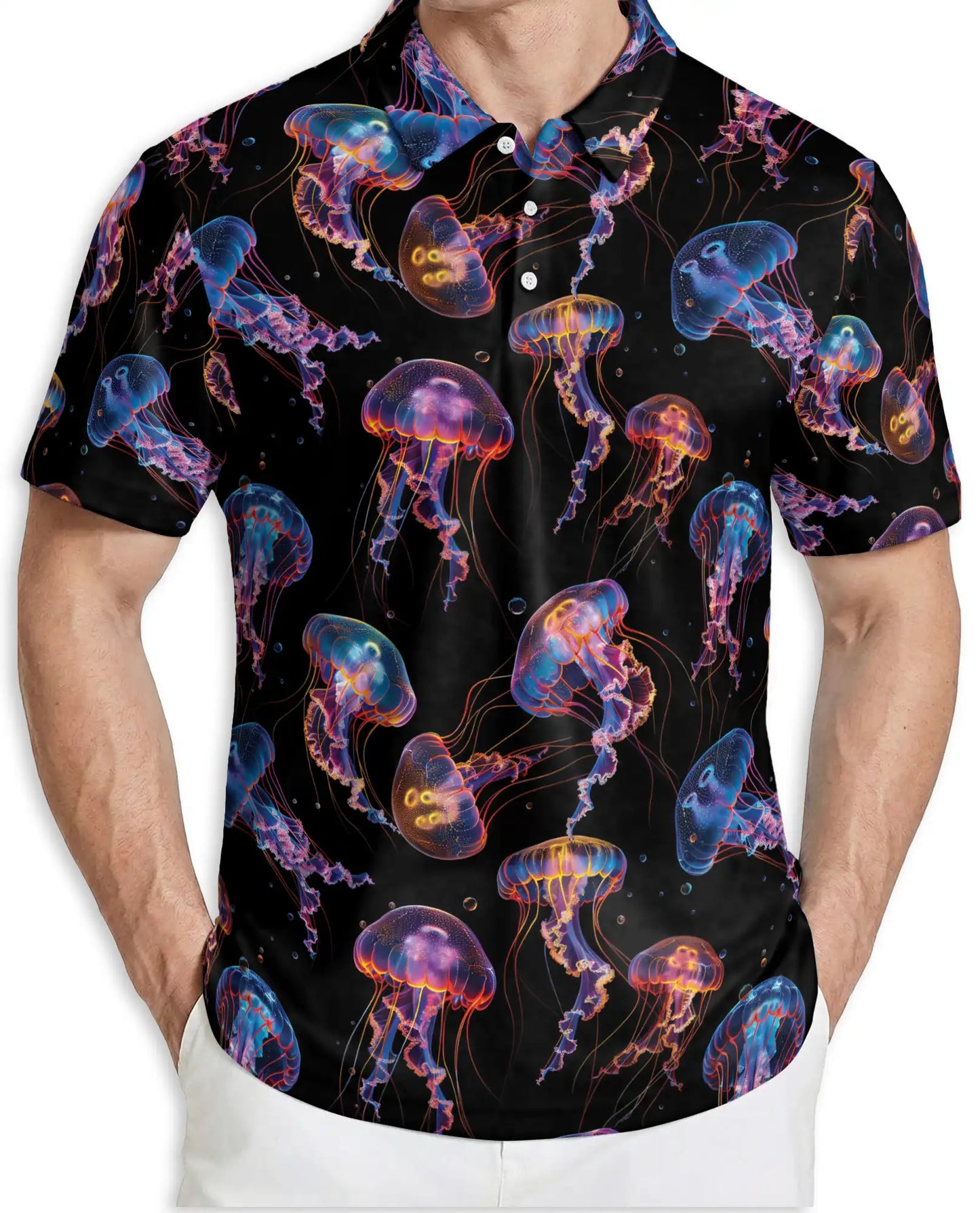 Jellyfish Polo Shirt, Neon Ocean Print | Azhawaiian