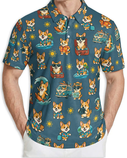 Corgi Beach Polo Shirt, Tropical Vacation Print | Azhawaiian