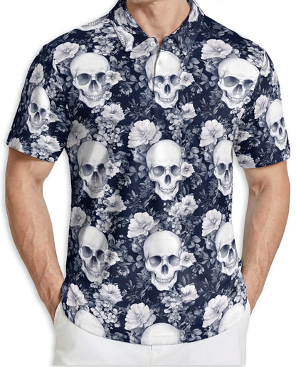 Gothic Skull Floral Hawaiian Polo Shirt | Dark Aesthetic Skull Shirt | Azhawaiian