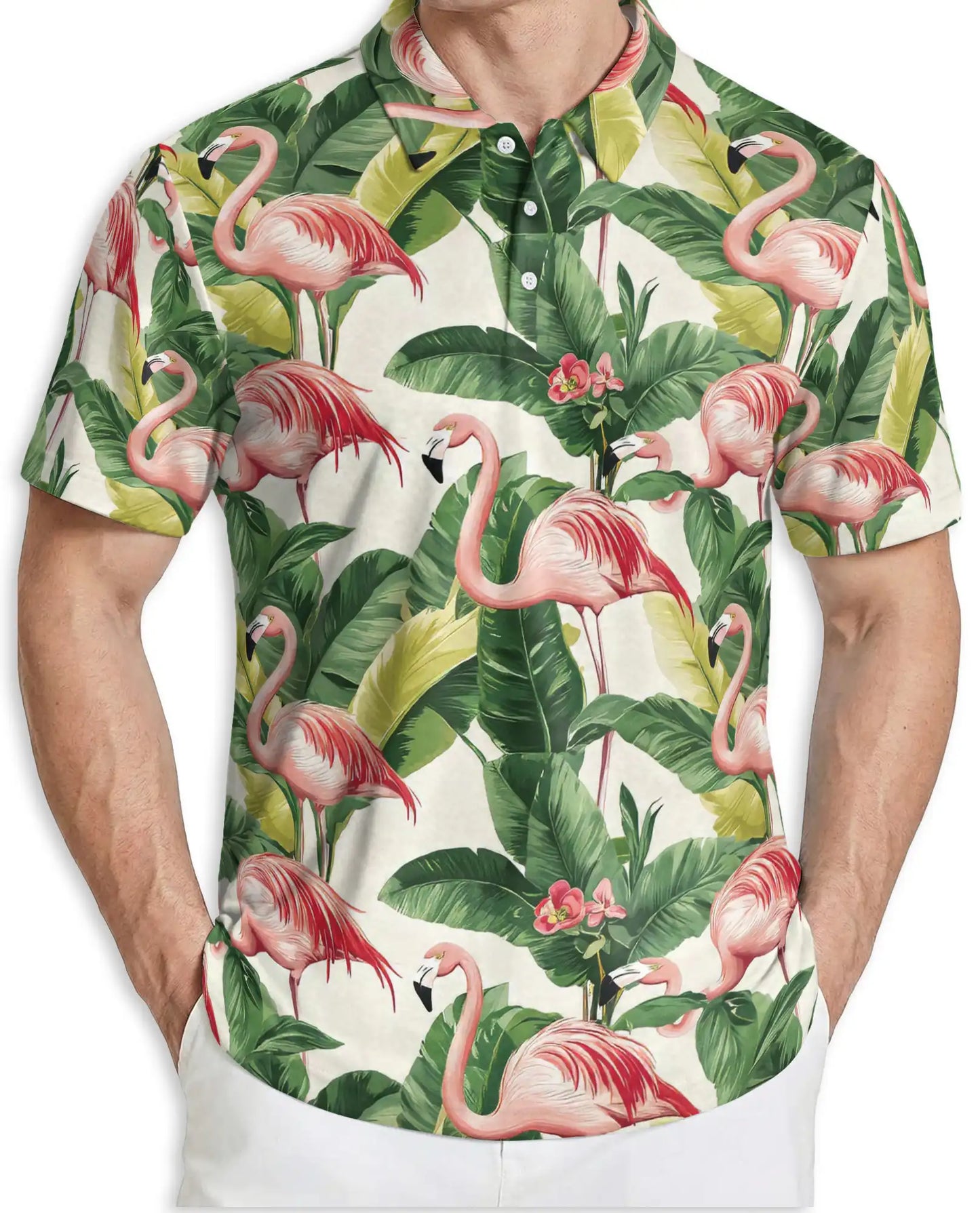 Pink Flamingo Tropical Hawaiian Polo Shirt for Men | Azhawaiian