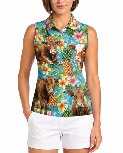 Red Angus Cattle Lovers Pineapple Sleeveless Polo Shirt for Women | Azhawaiian