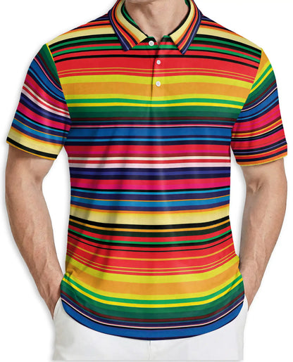 Colorful Striped 3D Polo Shirt for Men, Rainbow Retro Pattern Style | Azhawaiian