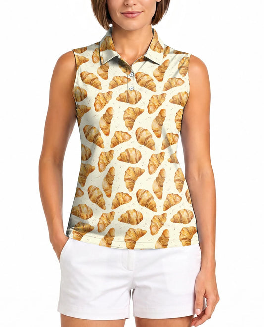Croissant Pattern Sleeveless Polo Shirt for Women, Cute Bakery Food Style | Azhawaiian