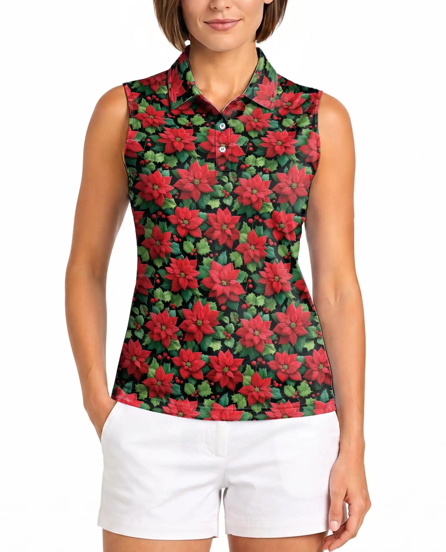 Red Poinsettia Pattern Sleeveless Polo Shirt for Women| Azhawaiian