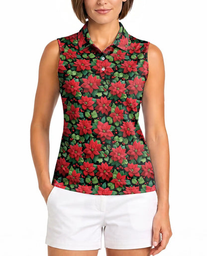 Red Poinsettia Pattern Sleeveless Polo Shirt for Women| Azhawaiian