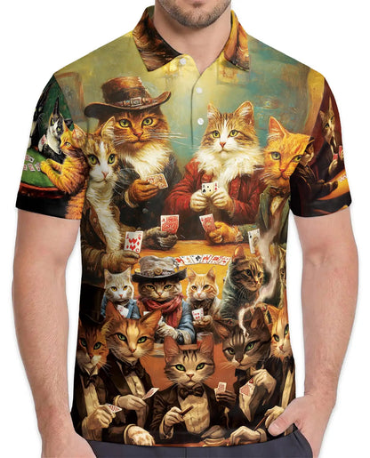 Vintage Cat Poker 3D Polo Shirt for Men, Funny Animal Card Game | Azhawaiian