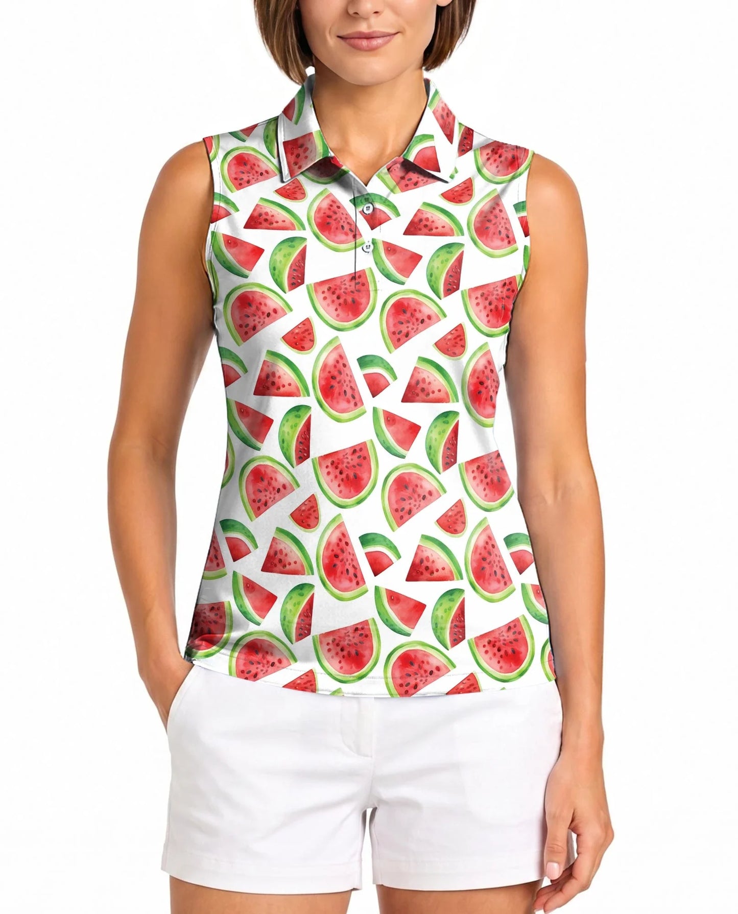 Watermelon Pattern Sleeveless Polo Shirt for Women | Azhawaiian