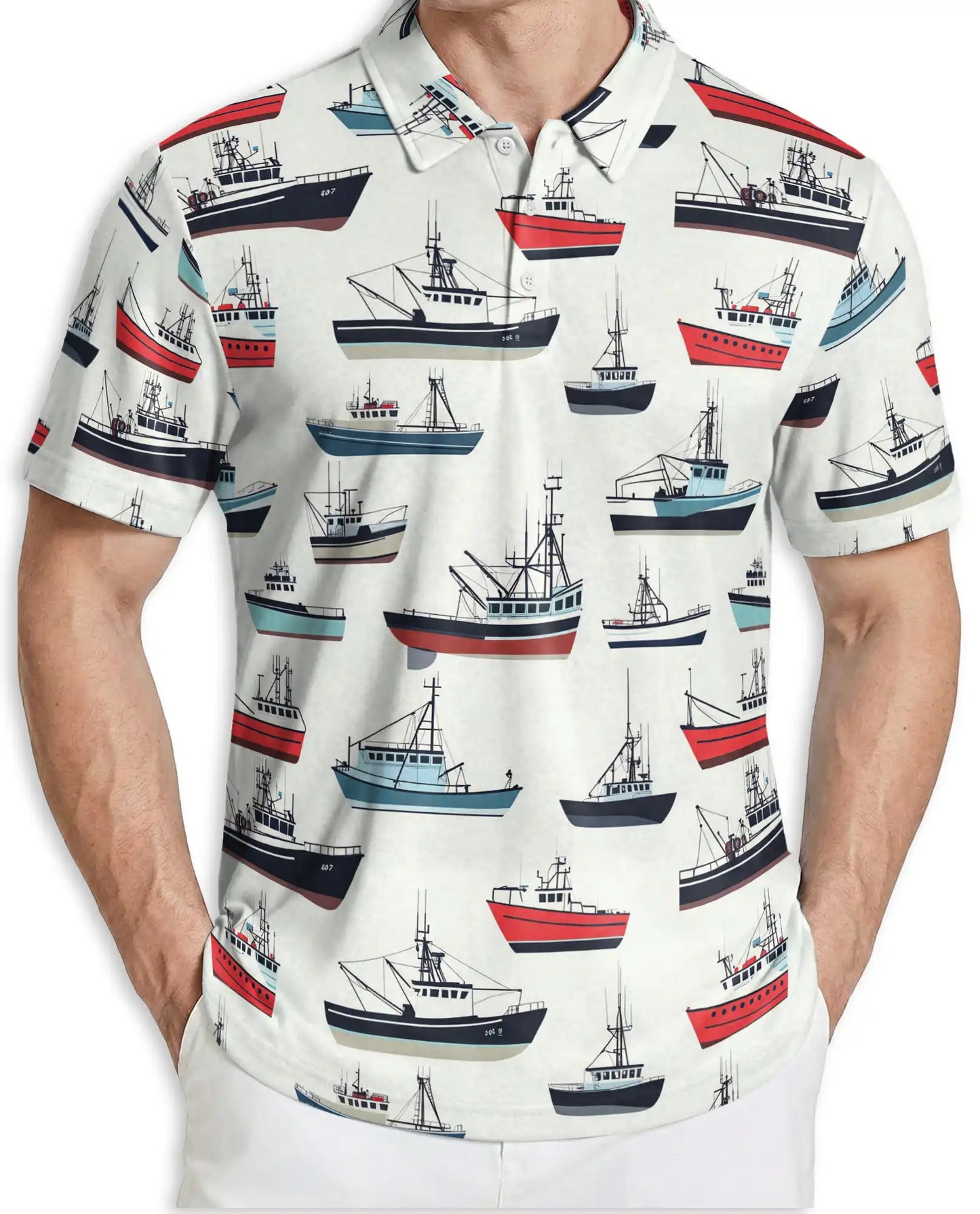 Fishing Boat Nautical 3D Polo Shirt for Men, Coastal Ocean Marine Style | Azhawaiian