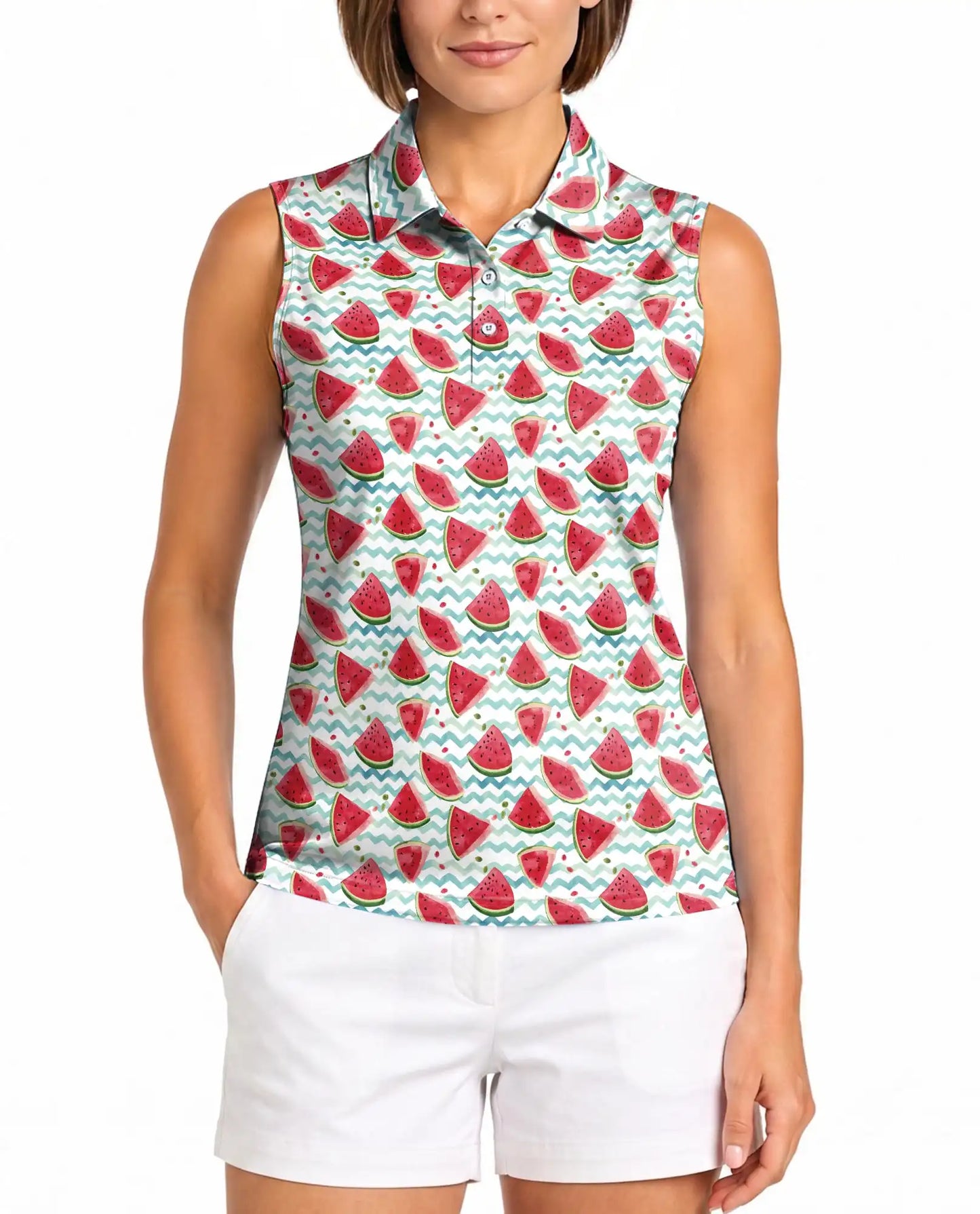 Watermelon Chevron Pattern Sleeveless Polo Shirt for Women| Azhawaiian