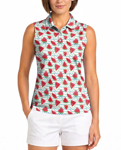 Watermelon Chevron Pattern Sleeveless Polo Shirt for Women| Azhawaiian