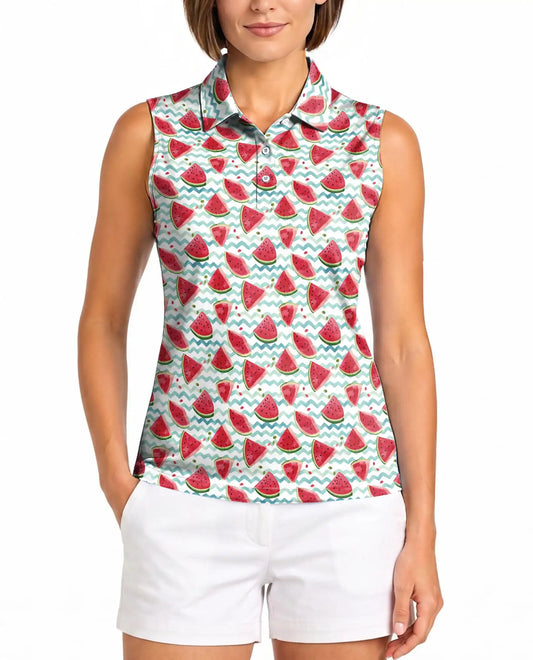 Watermelon Chevron Pattern Sleeveless Polo Shirt for Women| Azhawaiian