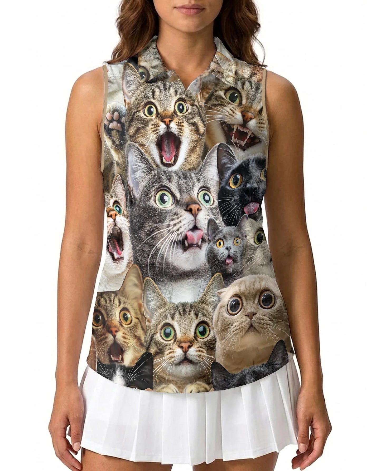 Funny Cat Pattern Sleeveless Polo Shirt for Women | Azhawaiian