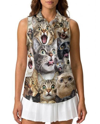 Funny Cat Pattern Sleeveless Polo Shirt for Women | Azhawaiian