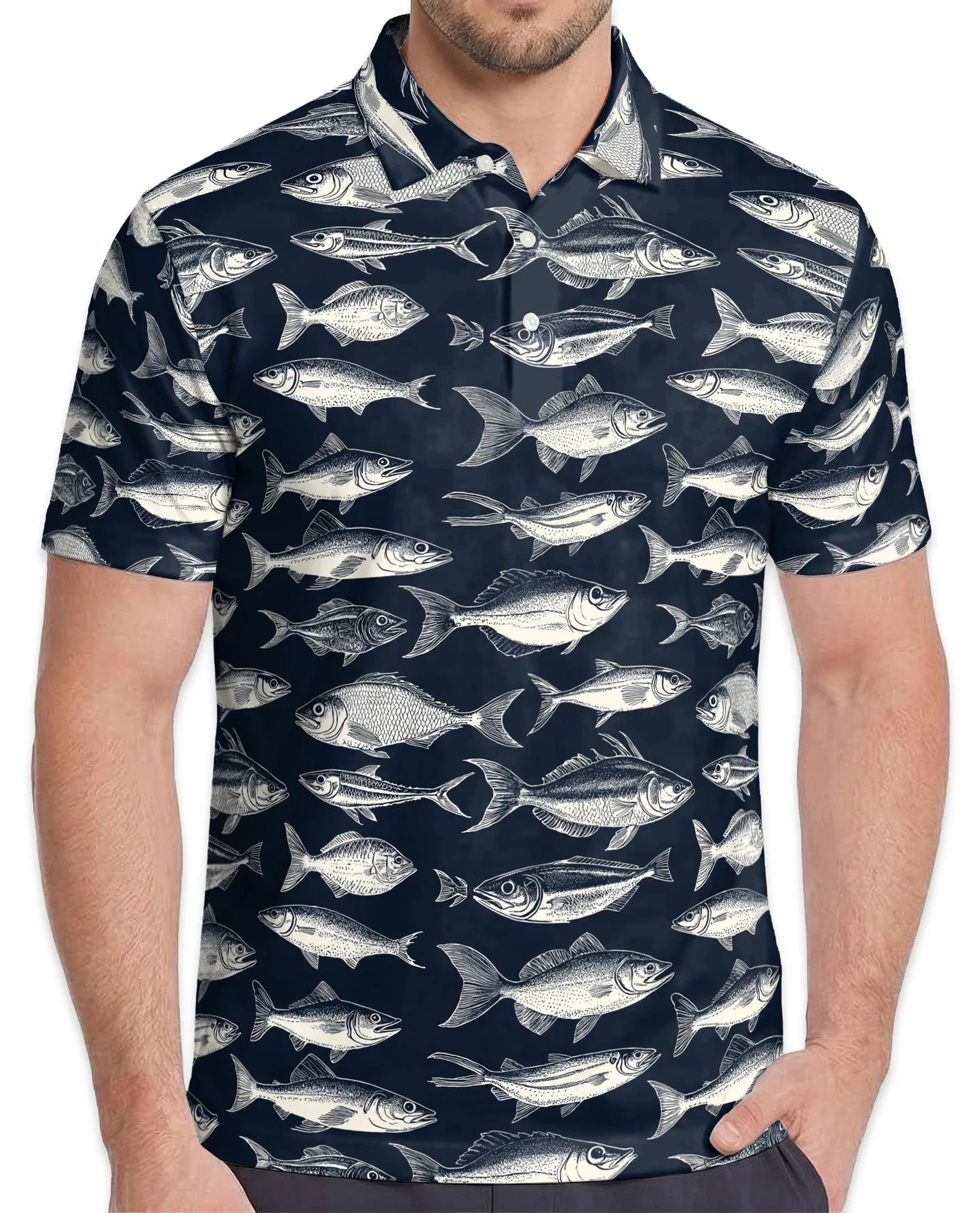 Fish Pattern Polo Shirt for Men, Coastal Ocean Style | Azhawaiian