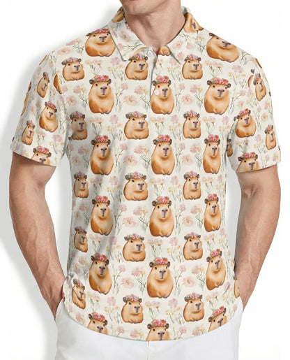 Cute Capybara Floral Polo Shirt, Funny Animal Pattern | Azhawaiian
