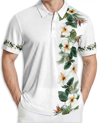 White Tropical Hibiscus 3D Polo Shirt for Men, Elegant Hawaiian Floral Style | Azhawaiian