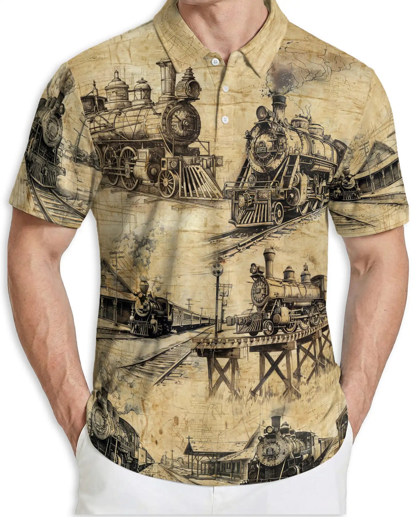Vintage Steam Train Polo Shirt, Classic Railroad Blueprint Art | Azhawaiian
