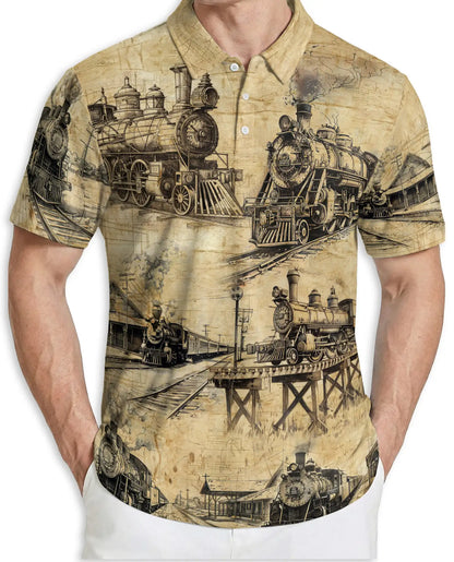 Vintage Steam Train Polo Shirt, Classic Railroad Blueprint Art | Azhawaiian