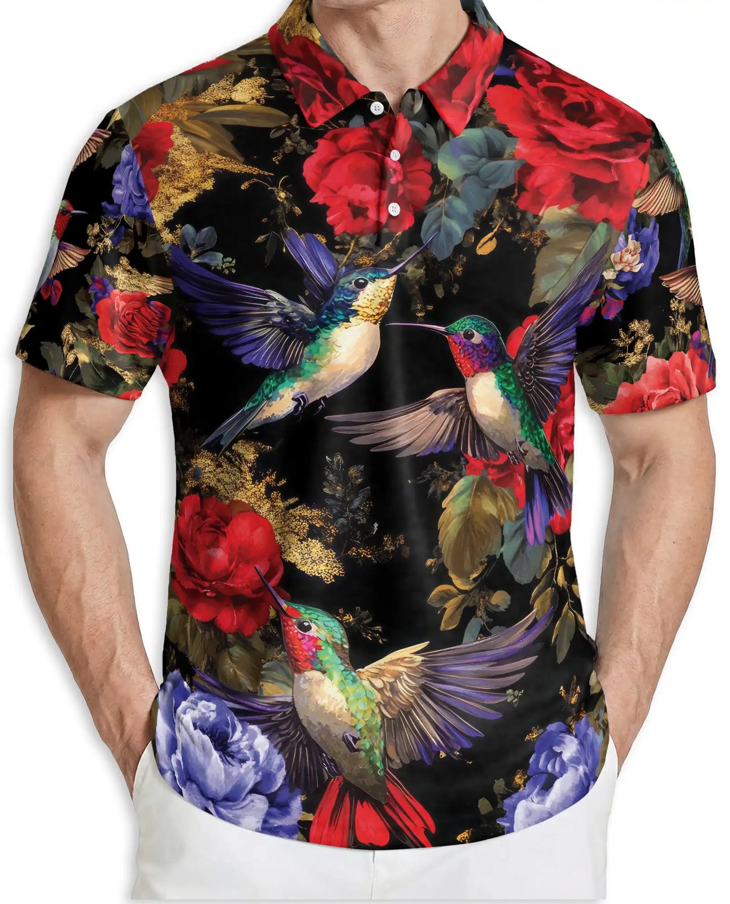 Hummingbird Floral Polo Shirt, Elegant Rose Print | Azhawaiian