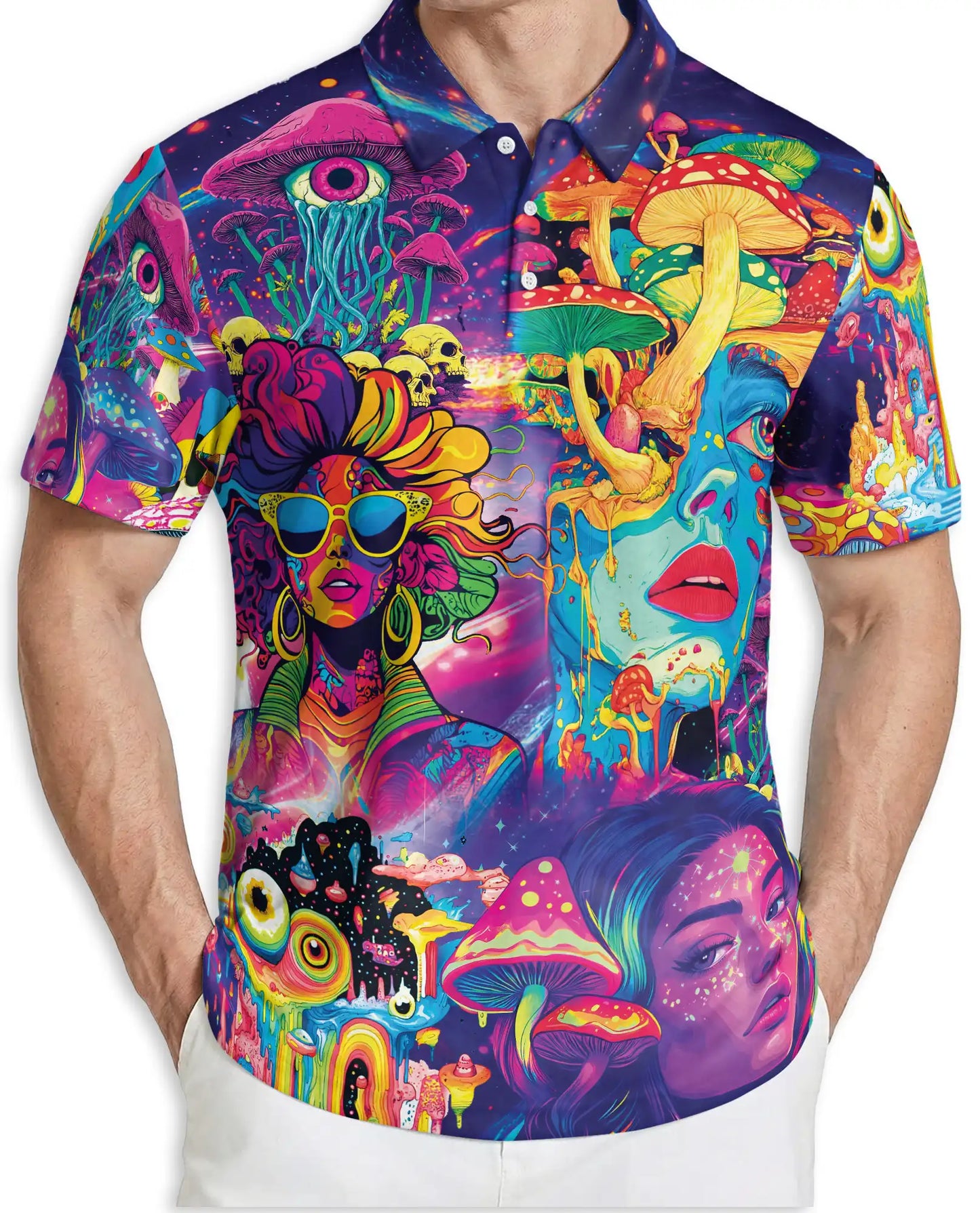 Psychedelic Mushroom Art 3D Polo Shirt for Men, Neon Trippy Fantasy Style | Azhawaiian