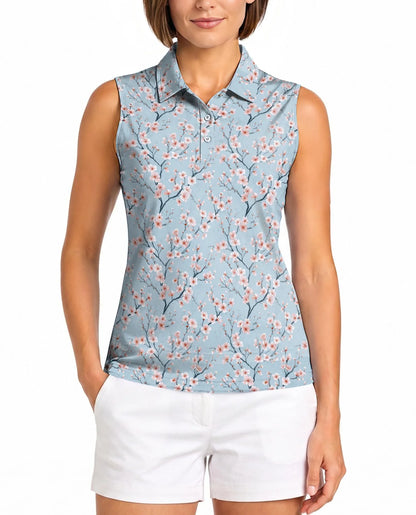 Japanese Sakura Sleeveless Polo Shirt for Women, Elegant Cherry Blossom Style | Azhawaiian