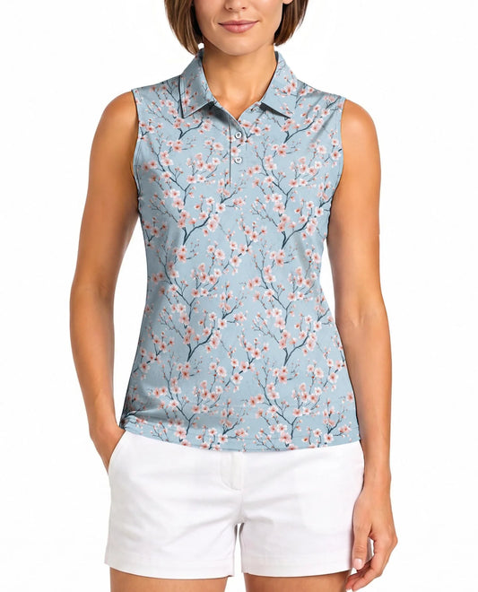 Japanese Sakura Sleeveless Polo Shirt for Women, Elegant Cherry Blossom Style | Azhawaiian