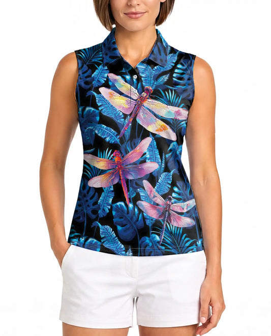 Amazing Dragonfly Blue Tropical Sleeveless Polo Shirt for Women | Azhawaiian