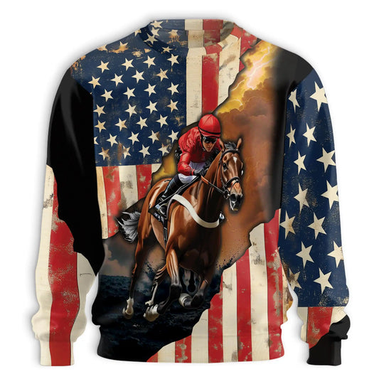 Brown Vintage American Flag Horse Racing Sweatshirt – Vintage 3D All Over Print Design