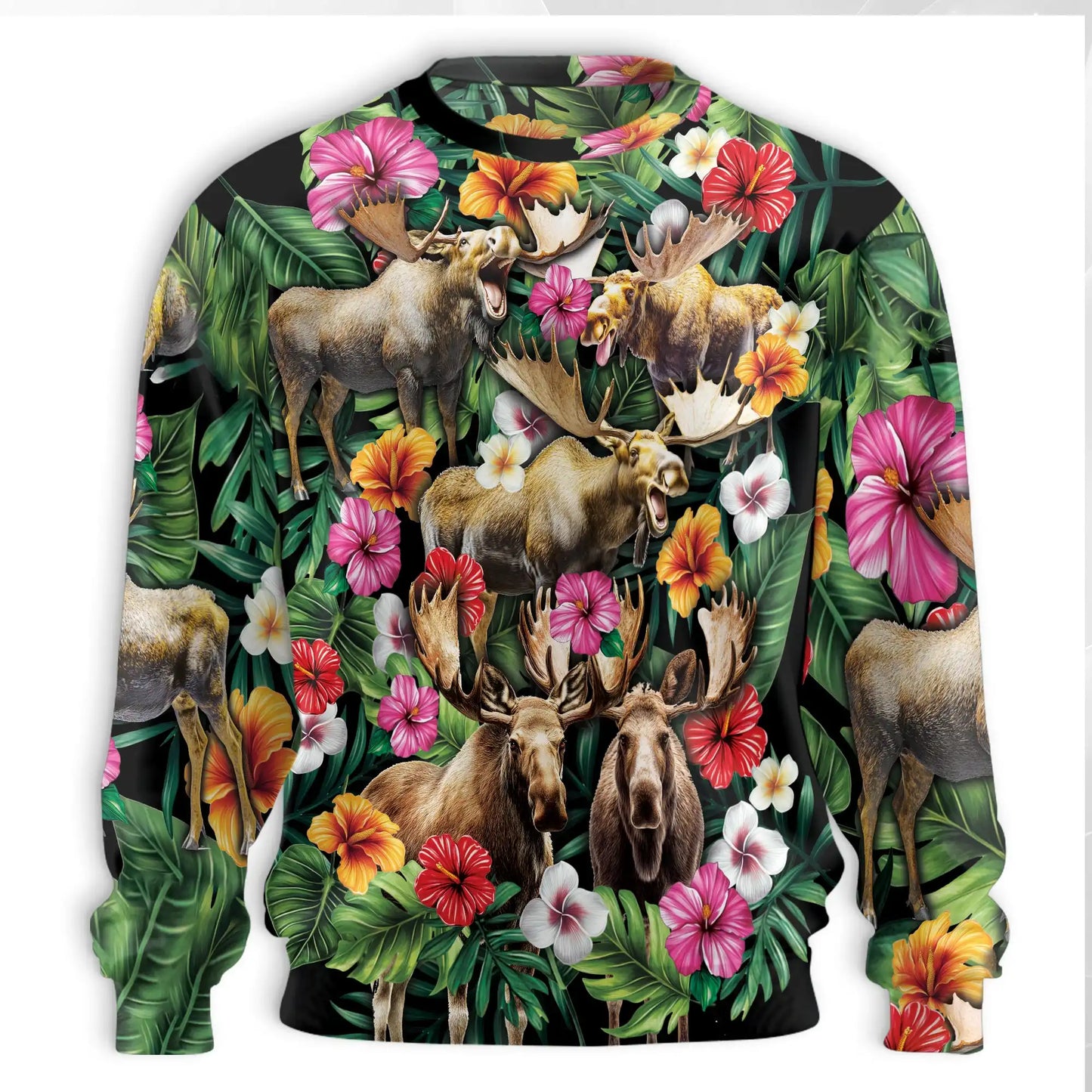 Moose Hibiscus Flower Sweatshirt – Colorful Graphic 3D All Over Print Design