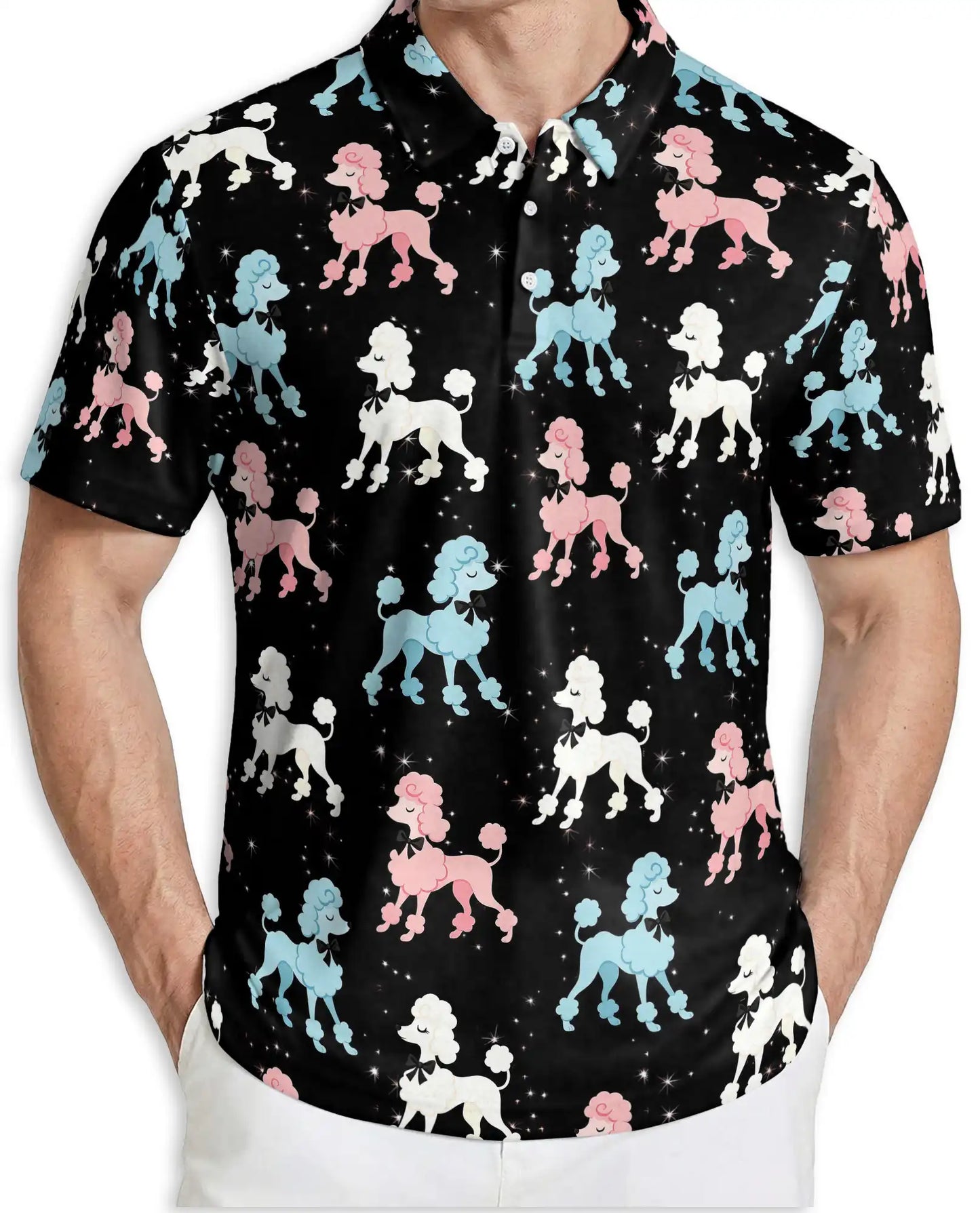Retro Poodle Polo Shirt for Men-Vintage Pink Blue Poodle Dog Pattern Shirt | Azhawaiian
